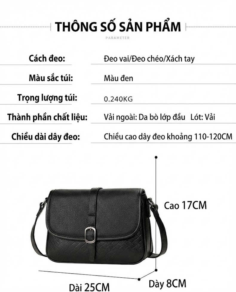 Túi Đeo Chéo Nữ Da Bò Dáng Vuông Nắp Gập Đan Chéo Phong Cách Hàn Quốc Màu Đen chi tiết 20