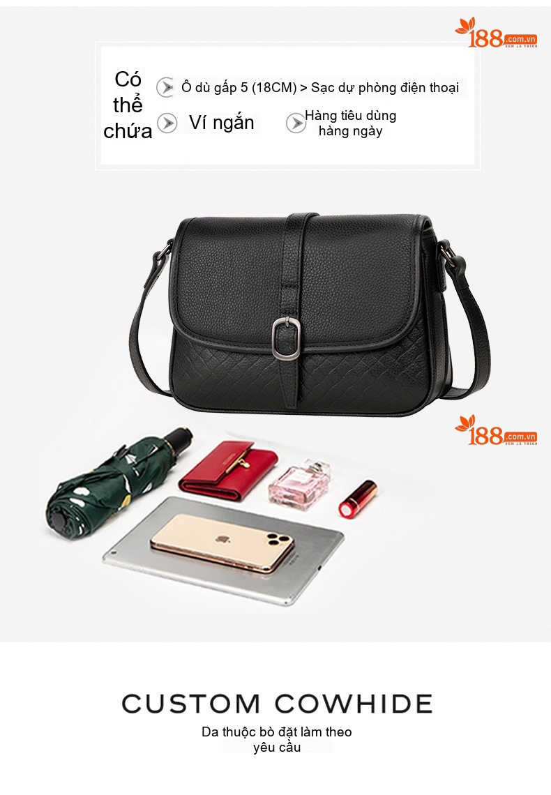 Túi Đeo Chéo Nữ Da Bò Dáng Vuông Nắp Gập Đan Chéo Phong Cách Hàn Quốc Màu Đen chi tiết 8