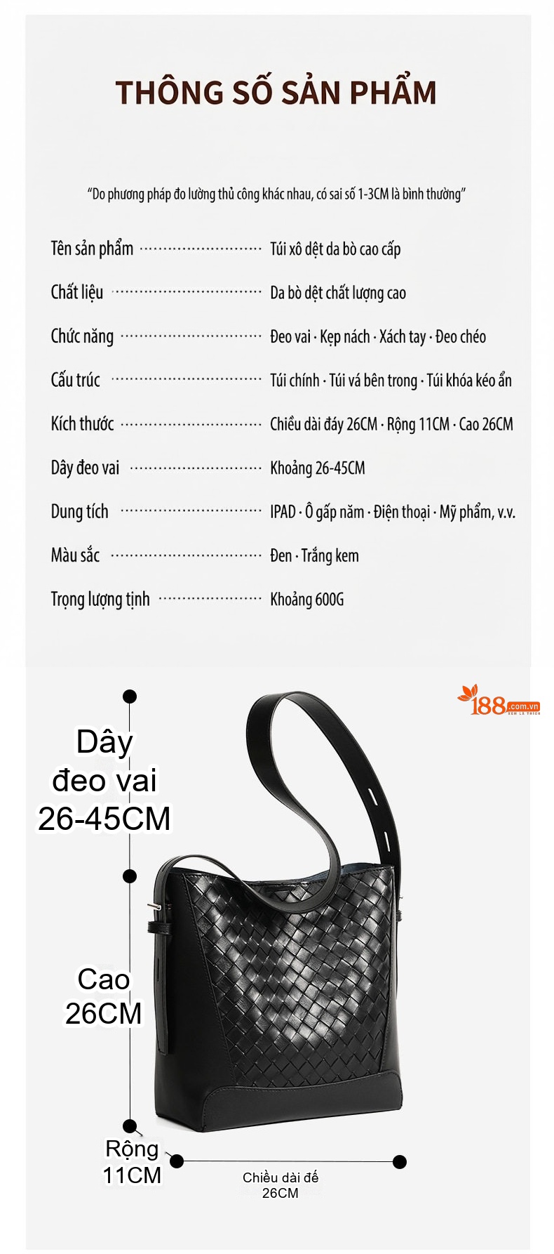 Túi Đeo Chéo Nữ Da Bò Dáng Xô Đan Dệt Thời Trang Cao Cấp Màu Đen, Kem chi tiết 3