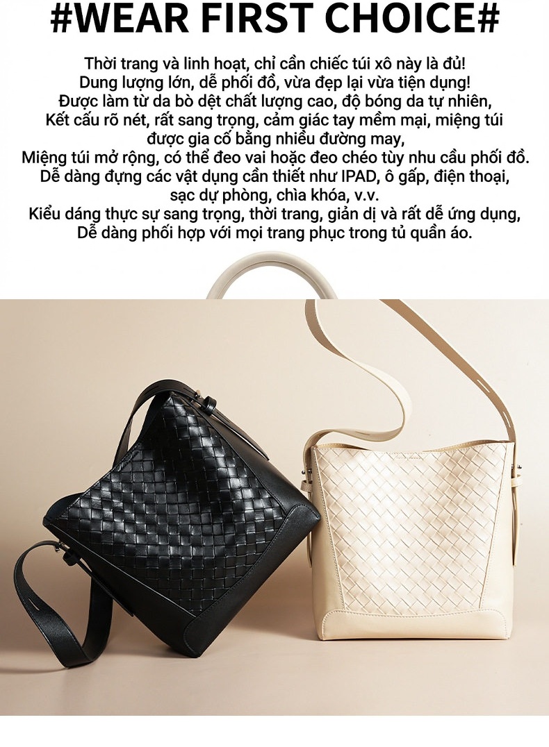 Túi Đeo Chéo Nữ Da Bò Dáng Xô Đan Dệt Thời Trang Cao Cấp Màu Đen, Kem chi tiết 5