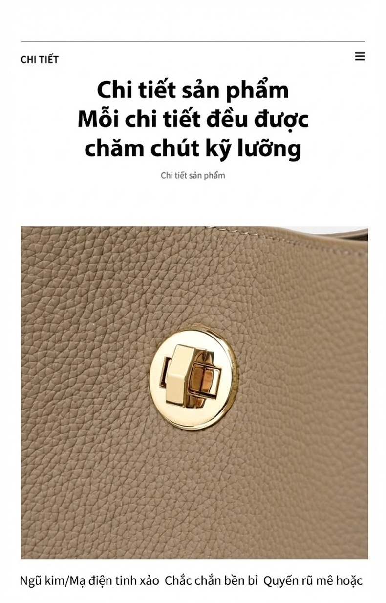 Túi Đeo Chéo Nữ Da Bò Dáng Xô Đeo Vai, Xách Tay Màu Xám Voi chi tiết 11