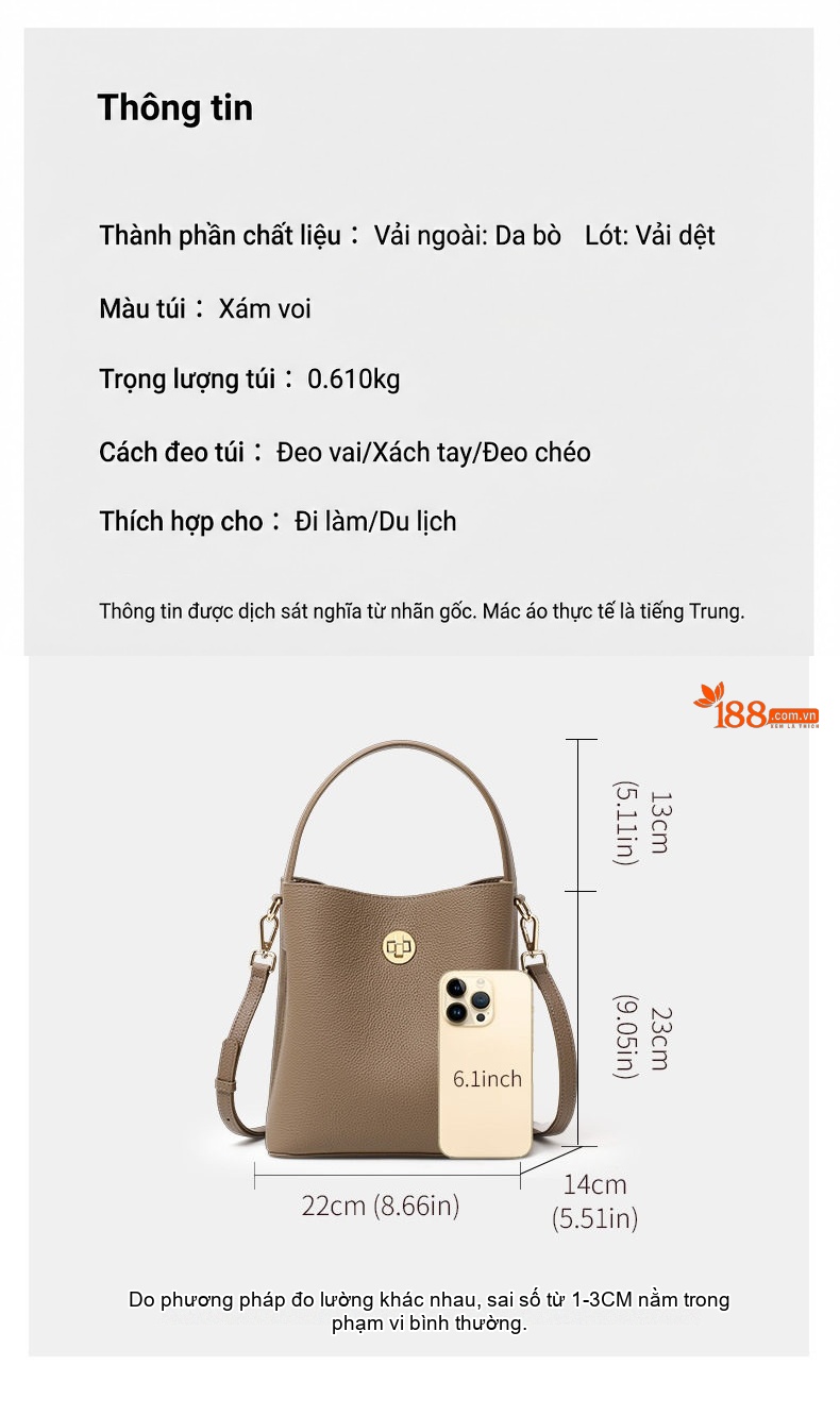 Túi Đeo Chéo Nữ Da Bò Dáng Xô Đeo Vai, Xách Tay Màu Xám Voi chi tiết 3