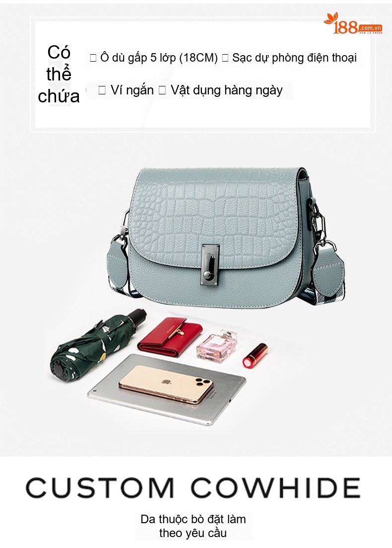 Túi Đeo Chéo Nữ Da Bò Dây Bản Rộng Phong Cách Thời Trang Màu Xanh Dương chi tiết 9