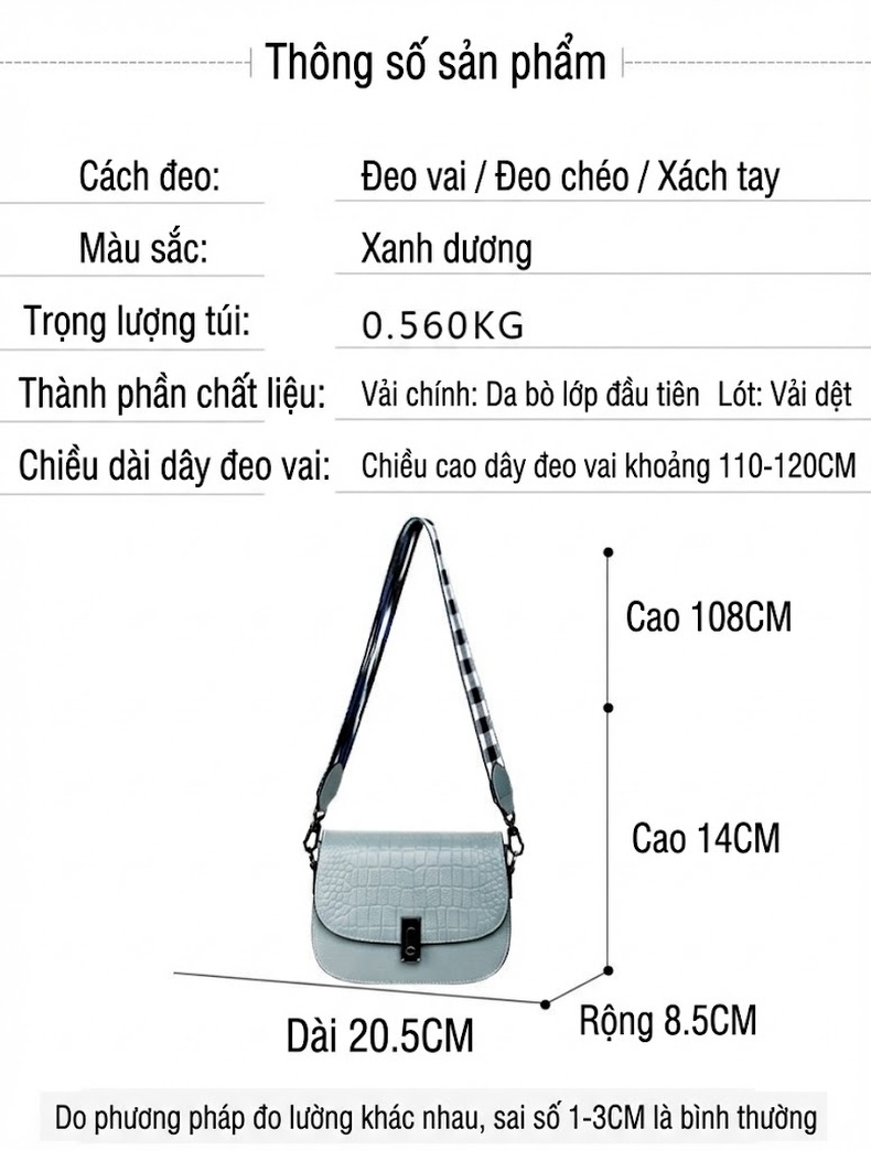 Túi Đeo Chéo Nữ Da Bò Dây Bản Rộng Phong Cách Thời Trang Màu Xanh Dương chi tiết 4