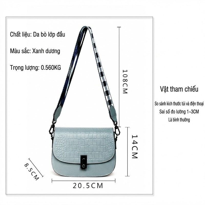 Túi Đeo Chéo Nữ Da Bò Dây Bản Rộng Phong Cách Thời Trang Màu Xanh Dương