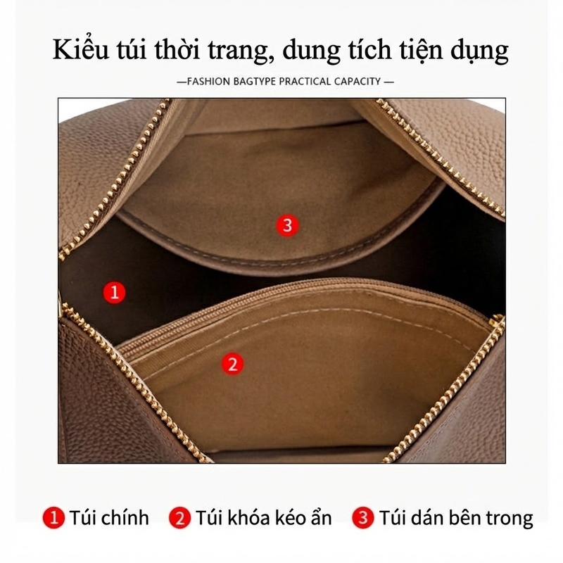 Túi Đeo Chéo Nữ Da Bò Dây Đeo Bản Rộng Sức Chứa Lớn Màu Xám Voi