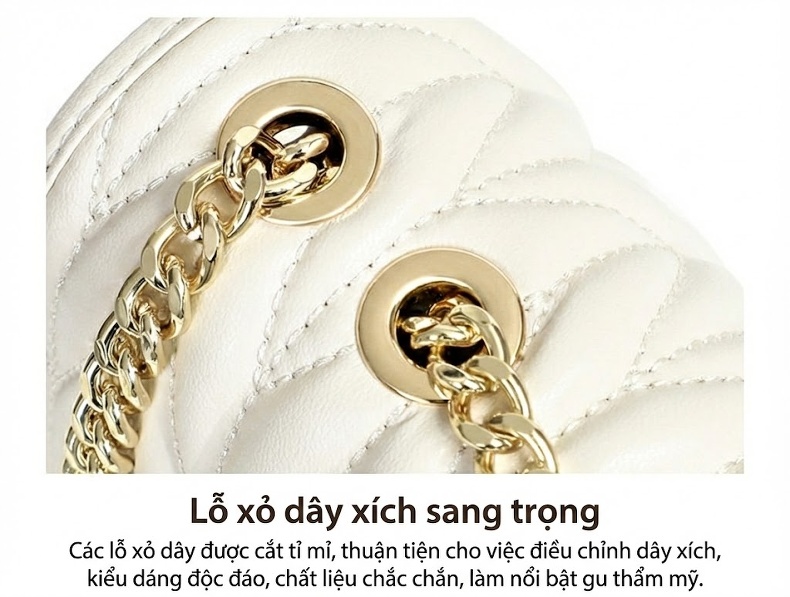 Túi Đeo Chéo Nữ Da Bò Dây Xích Quả Trám Khóa Trái Tim Màu Trắng chi tiết 14