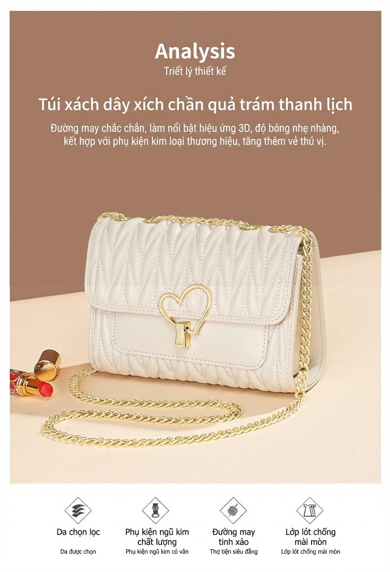 Túi Đeo Chéo Nữ Da Bò Dây Xích Quả Trám Khóa Trái Tim Màu Trắng chi tiết 1
