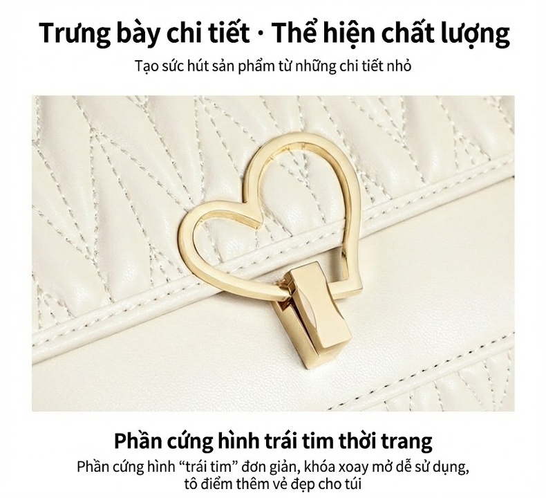 Túi Đeo Chéo Nữ Da Bò Dây Xích Quả Trám Khóa Trái Tim Màu Trắng chi tiết 13