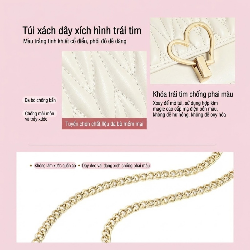 Túi Đeo Chéo Nữ Da Bò Dây Xích Quả Trám Khóa Trái Tim Màu Trắng