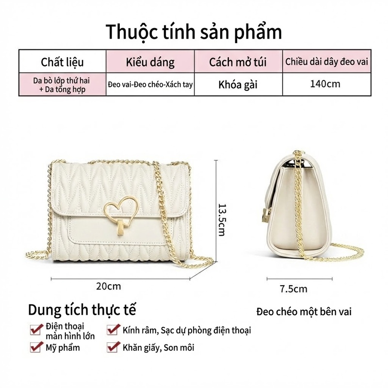 Túi Đeo Chéo Nữ Da Bò Dây Xích Quả Trám Khóa Trái Tim Màu Trắng