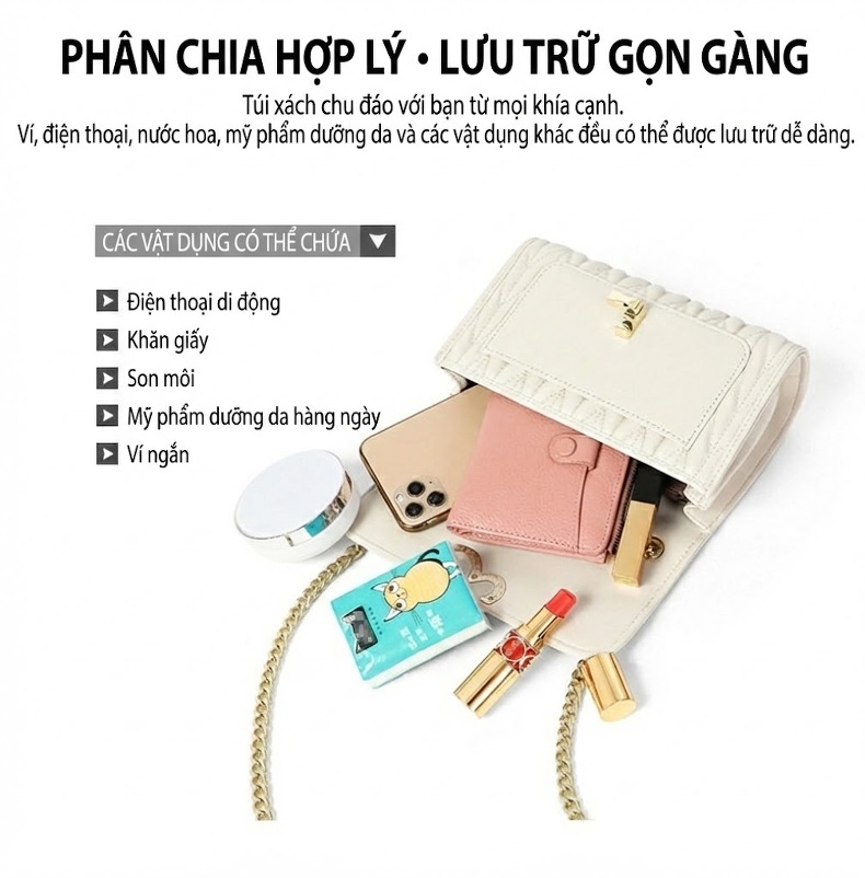 Túi Đeo Chéo Nữ Da Bò Dây Xích Quả Trám Khóa Trái Tim Màu Trắng chi tiết 7
