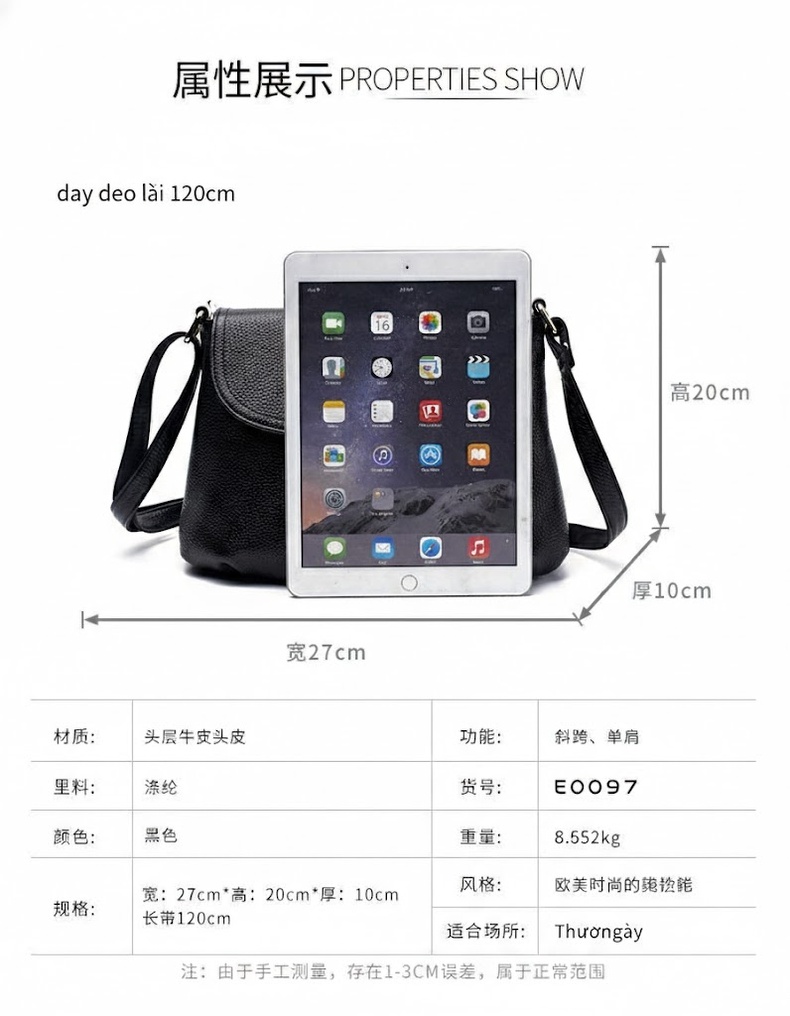 Túi Đeo Chéo Nữ Da Bò Đeo Vai Phong Cách Đơn Giản Màu Đen chi tiết 6