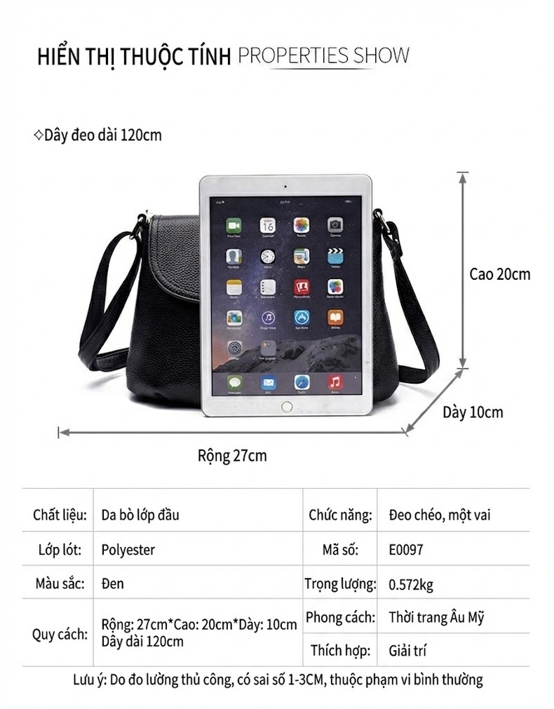 Túi Đeo Chéo Nữ Da Bò Đeo Vai Phong Cách Đơn Giản Màu Đen chi tiết 13