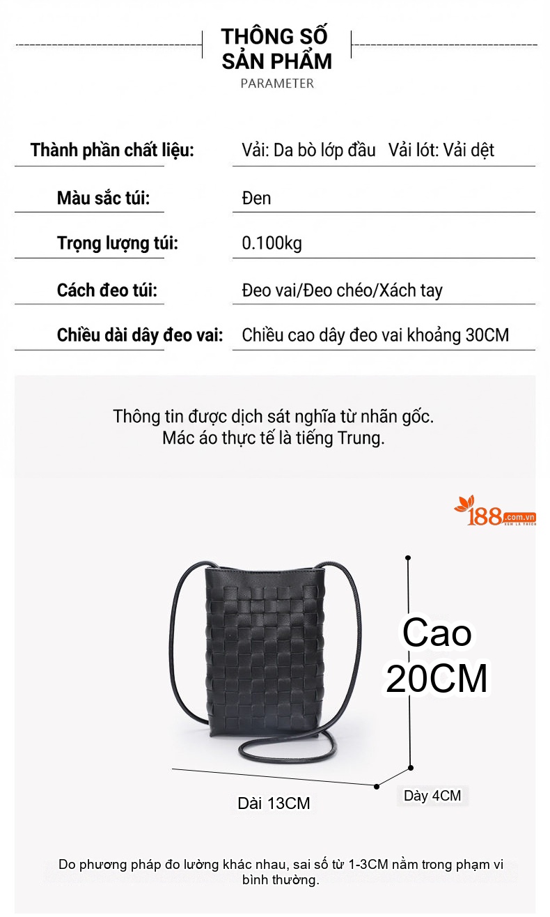 Túi Đeo Chéo Nữ Da Bò Dệt Mini Phong Cách Hàn Quốc Màu Đen chi tiết 5