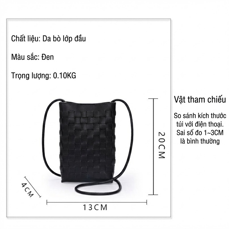 Túi Đeo Chéo Nữ Da Bò Dệt Mini Phong Cách Hàn Quốc Màu Đen