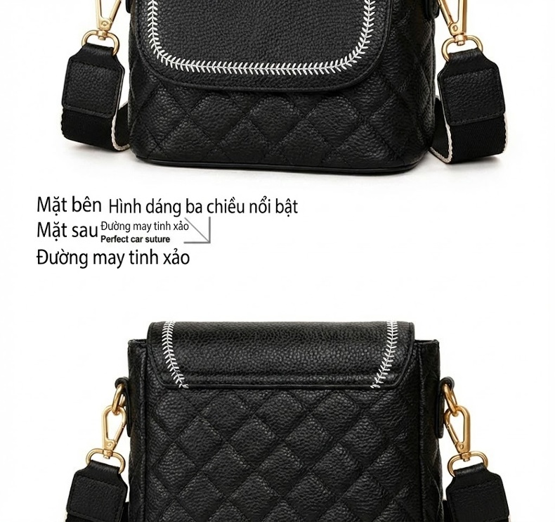 Túi Đeo Chéo Nữ Da Bò Hình Thoi Dây Bản Rộng Màu Đen, Trắng, Xám chi tiết 14
