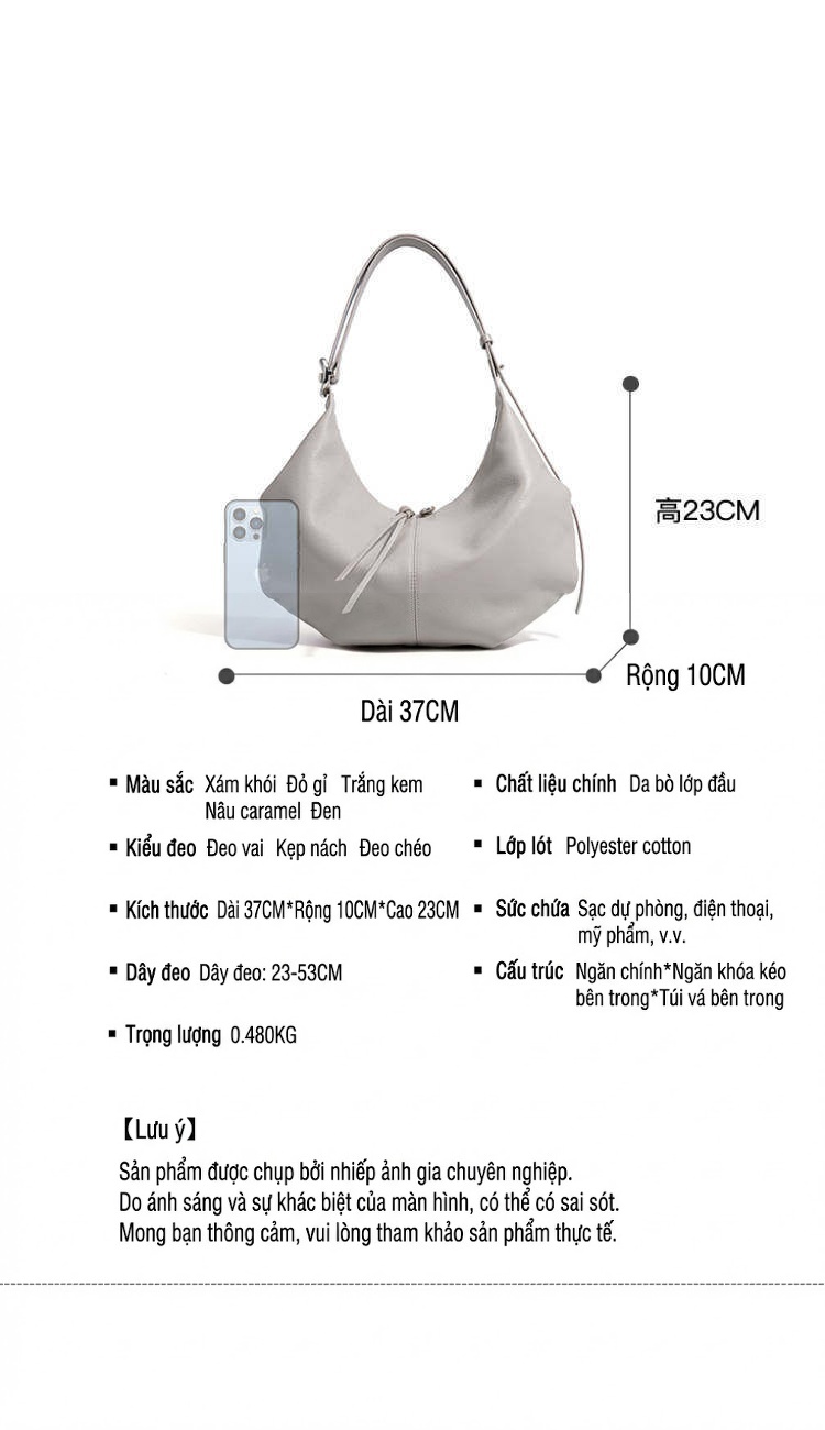 Túi Đeo Chéo Nữ Da Bò Hình Trăng Lưỡi Liềm Túi Xách Tay Công Sở Màu Xám, Nâu chi tiết 9