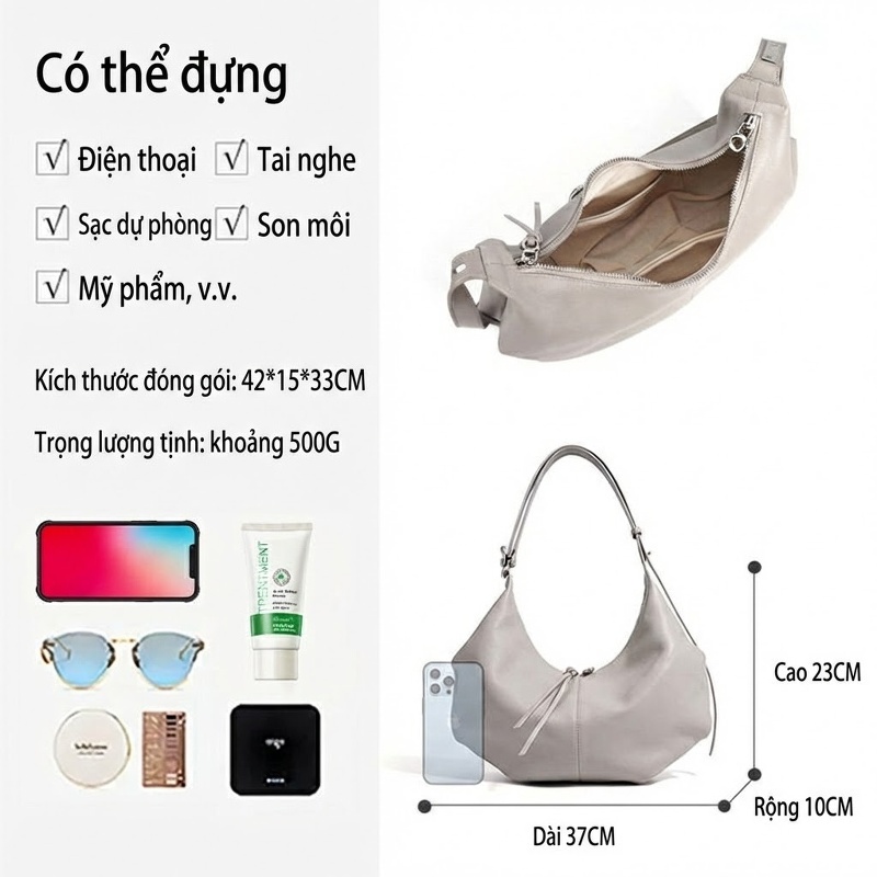 Túi Đeo Chéo Nữ Da Bò Hình Trăng Lưỡi Liềm Túi Xách Tay Công Sở Màu Xám, Nâu