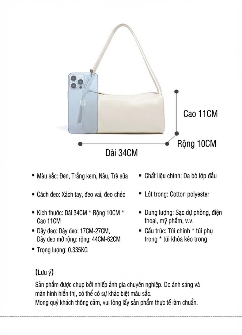 Túi Đeo Chéo Nữ Da Bò Hình Trụ Nhỏ Gọn Đựng Bút Phong Cách Công Sở Màu Trắng, Đen, Nâu chi tiết 7