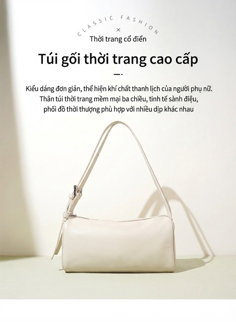 Túi Đeo Chéo Nữ Da Bò Hình Trụ Nhỏ Gọn Đựng Bút Phong Cách Công Sở Màu Trắng, Đen, Nâu chi tiết 1