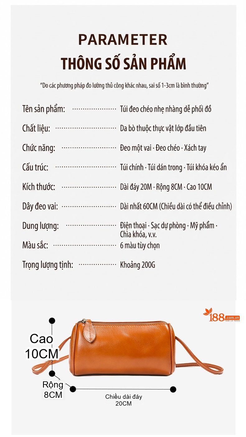 Túi Đeo Chéo Nữ Da Bò Hình Trụ Thời Trang Màu Nâu, Đen, Trắng, Xanh Lá... chi tiết 4