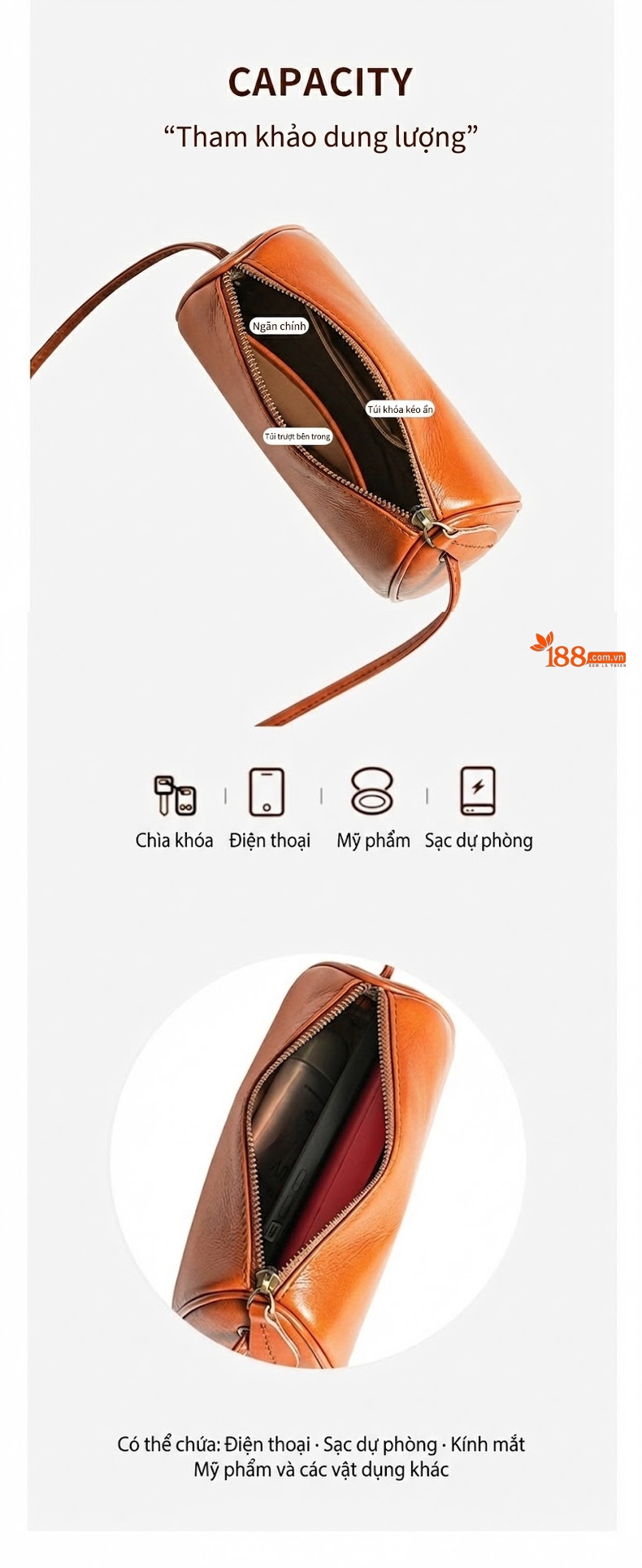 Túi Đeo Chéo Nữ Da Bò Hình Trụ Thời Trang Màu Nâu, Đen, Trắng, Xanh Lá... chi tiết 5
