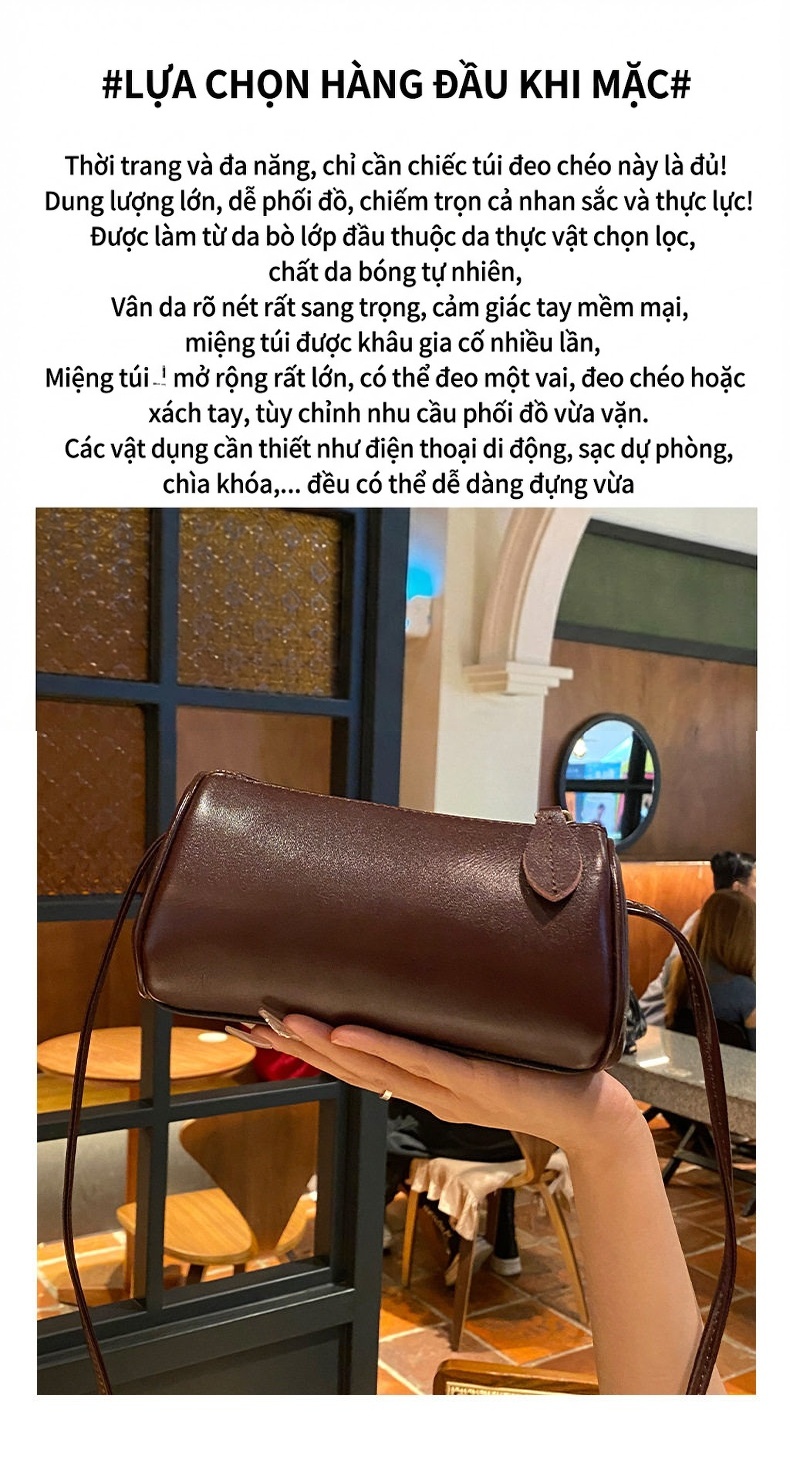 Túi Đeo Chéo Nữ Da Bò Hình Trụ Thời Trang Màu Nâu, Đen, Trắng, Xanh Lá... chi tiết 6