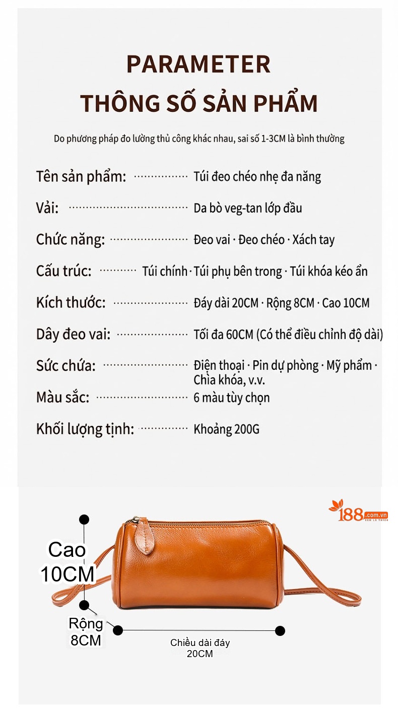 Túi Đeo Chéo Nữ Da Bò Hình Trụ Thời Trang Màu Nâu, Đen, Trắng, Xanh Lá... chi tiết 24