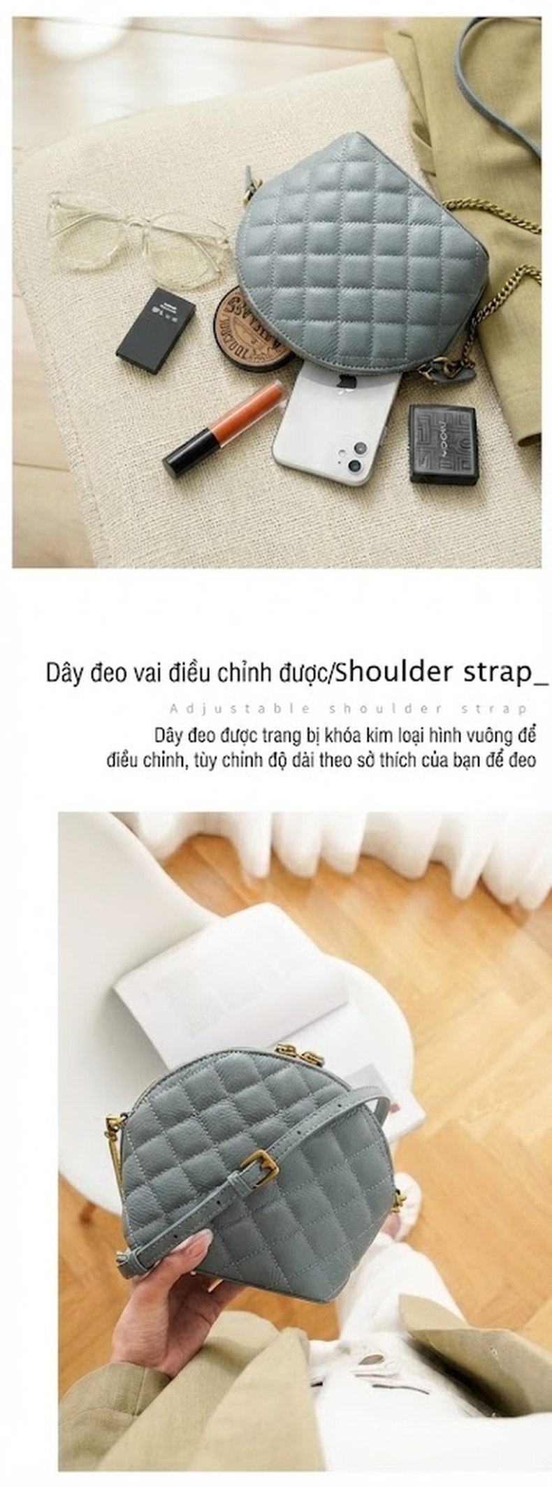 Túi Đeo Chéo Nữ Da Bò Họa Tiết Trám Quả Trám Dây Xích Phong Cách Tiểu Thư Màu Xanh, Đỏ, Đen, Xanh Lá... chi tiết 7