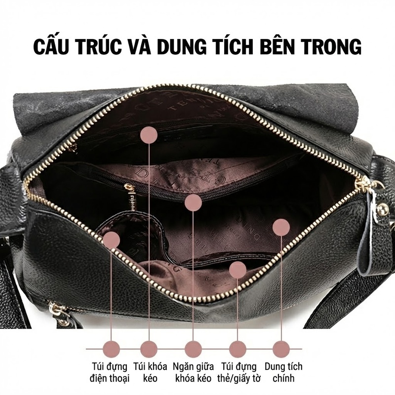Túi Đeo Chéo Nữ Da Bò In Hoa Văn Thời Trang Màu Đen, Tím chi tiết 25