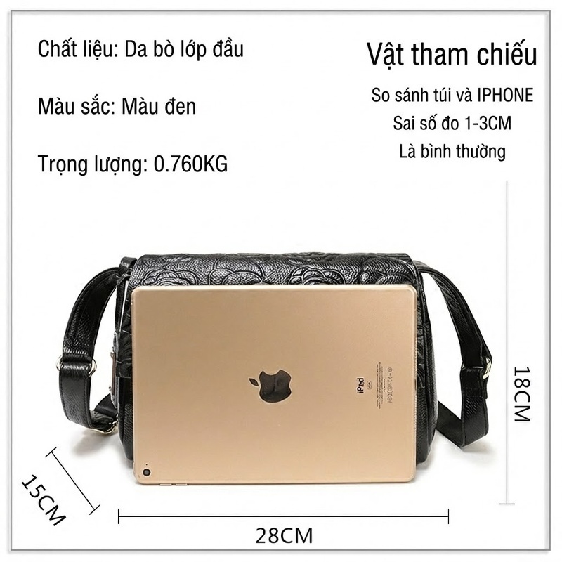 Túi Đeo Chéo Nữ Da Bò In Hoa Văn Thời Trang Màu Đen, Tím