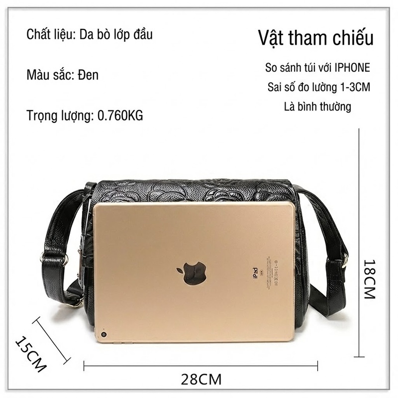 Túi Đeo Chéo Nữ Da Bò In Hoa Văn Thời Trang Màu Đen, Tím chi tiết 26
