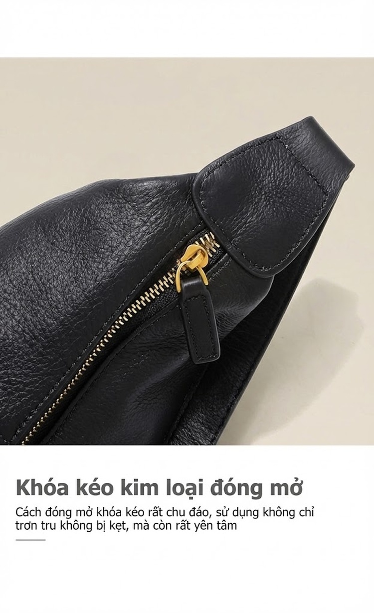 Túi Đeo Chéo Nữ Da Bò Kiểu Bánh Sừng Bò Đeo Vai Màu Đen chi tiết 5