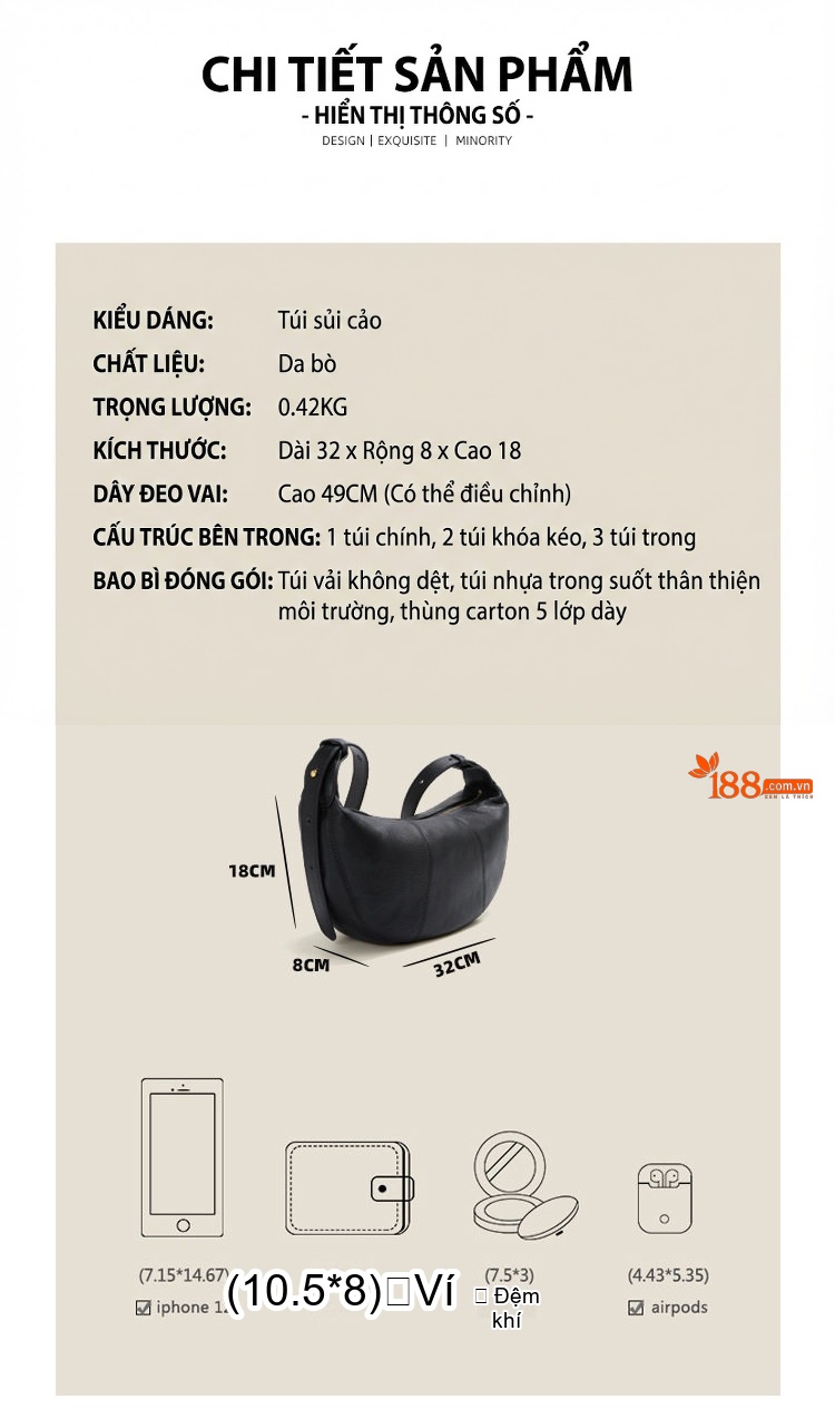 Túi Đeo Chéo Nữ Da Bò Kiểu Bánh Sừng Bò Đeo Vai Màu Đen chi tiết 6