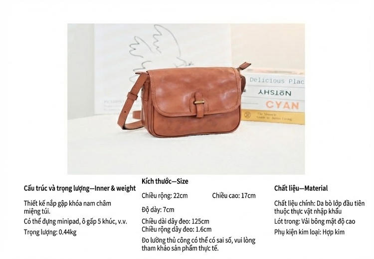 Túi Đeo Chéo Nữ Da Bò Kiểu Dáng Hộp Chữ Nhật Vintage Màu Đen, Nâu chi tiết 2