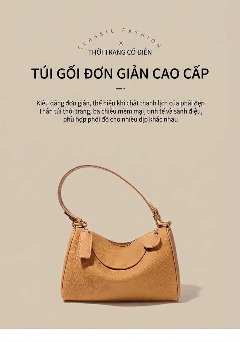 Túi Đeo Chéo Nữ Da Bò Kiểu Dáng Túi Pillow Đeo Vai Đi Làm Màu Nâu, Kem chi tiết 1