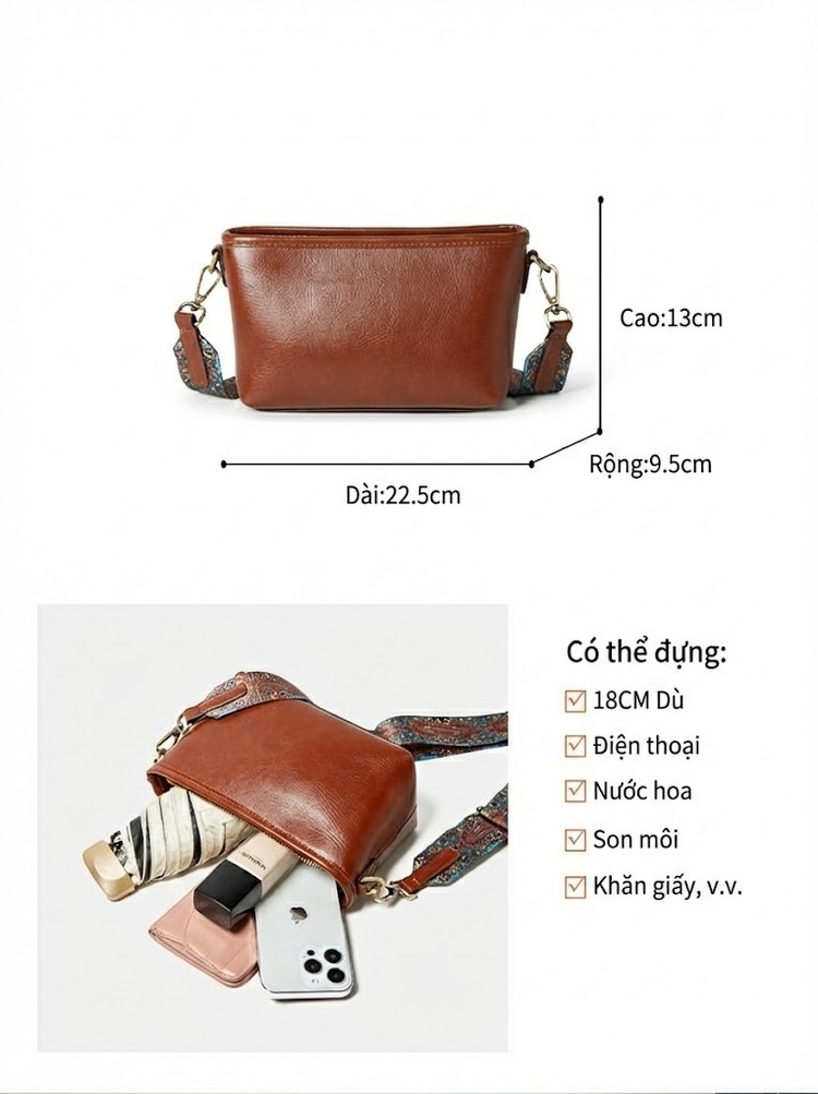 Túi Đeo Chéo Nữ Da Bò Lớp Đầu Quai Rộng Phong Cách Tối Giản Màu Vàng, Nâu, Xanh, Đen chi tiết 16
