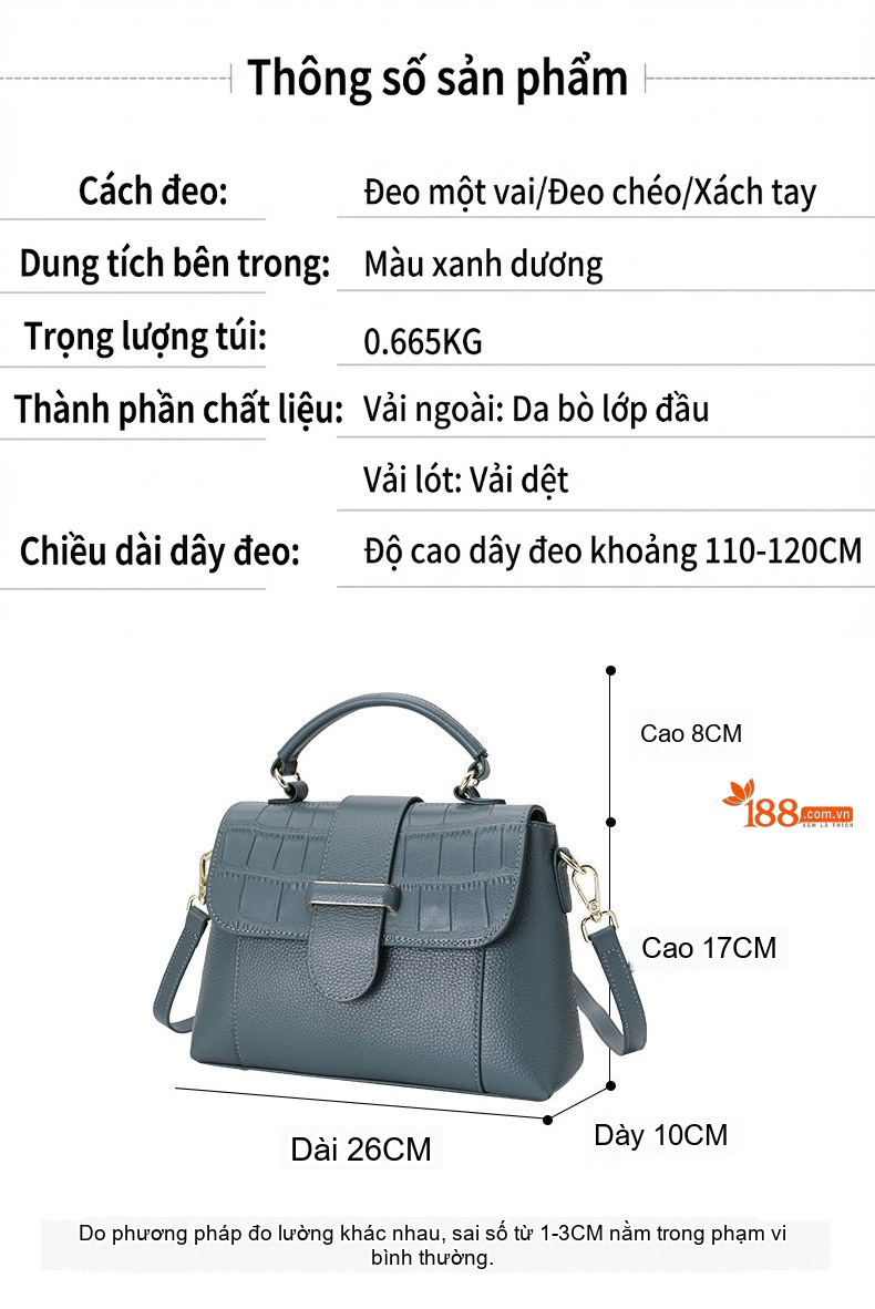 Túi Đeo Chéo Nữ Da Bò Mềm Mại Thời Trang Màu Xanh Dương chi tiết 3
