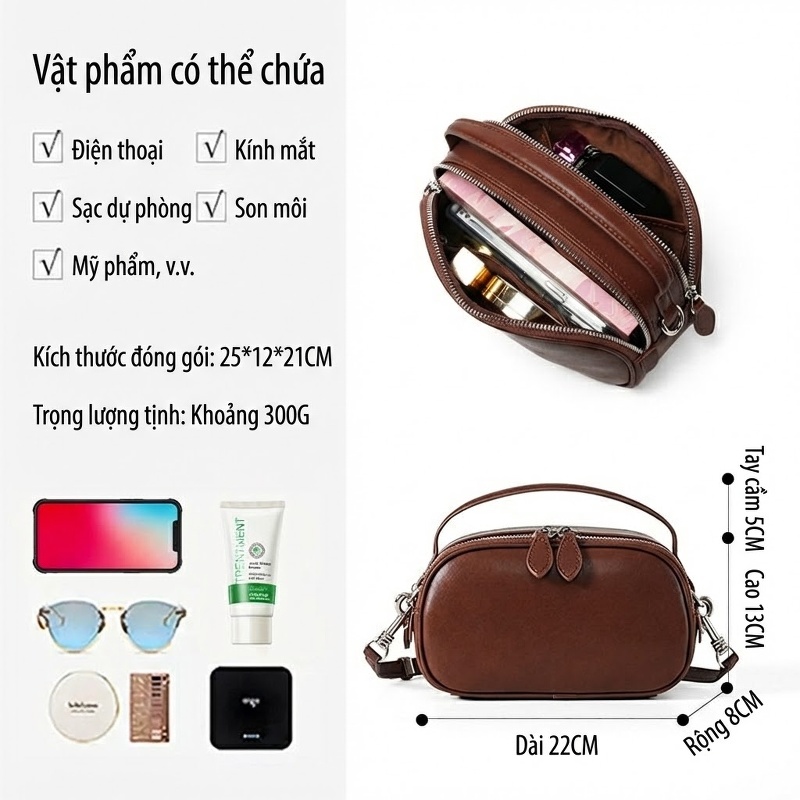 Túi Đeo Chéo Nữ Da Bò Mini Cao Cấp, Túi Xách Tay Nhỏ Gọn Màu Nâu