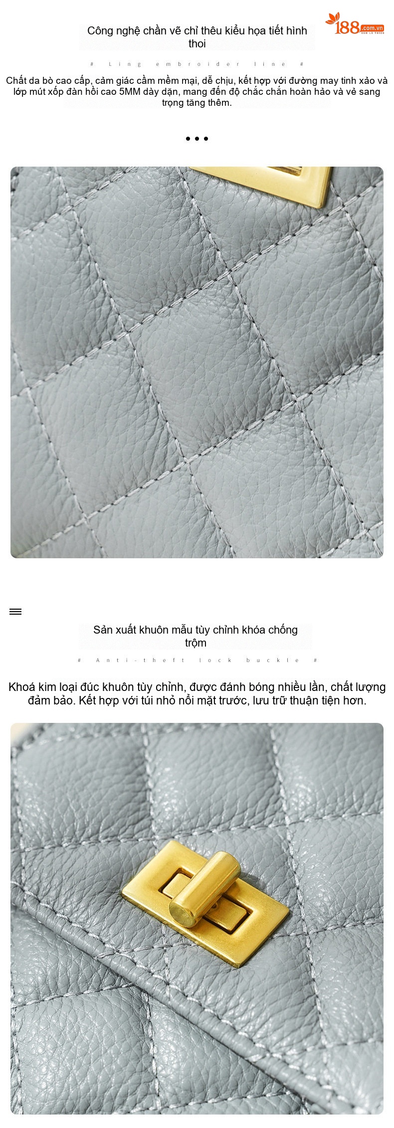 Túi Đeo Chéo Nữ Da Bò Mini Dáng Đứng Thời Trang Chuỗi Xích Màu Đen, Xám Xanh chi tiết 6