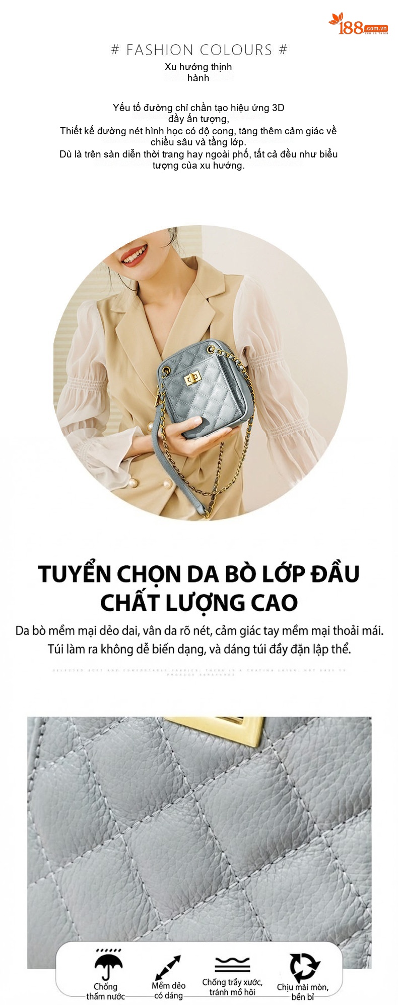 Túi Đeo Chéo Nữ Da Bò Mini Dáng Đứng Thời Trang Chuỗi Xích Màu Đen, Xám Xanh chi tiết 3