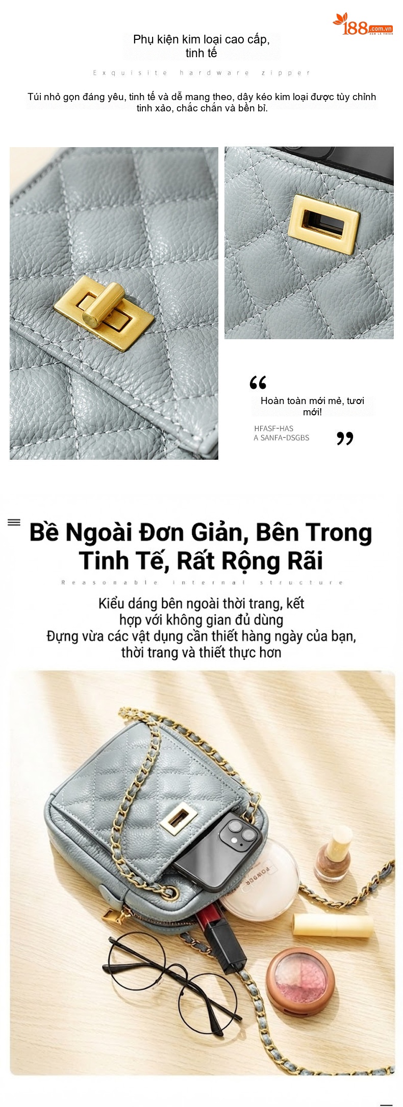 Túi Đeo Chéo Nữ Da Bò Mini Dáng Đứng Thời Trang Chuỗi Xích Màu Đen, Xám Xanh chi tiết 7