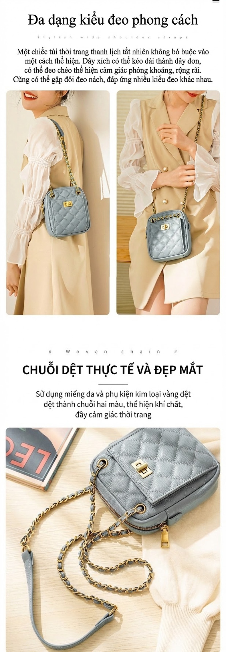 Túi Đeo Chéo Nữ Da Bò Mini Dáng Đứng Thời Trang Chuỗi Xích Màu Đen, Xám Xanh chi tiết 8