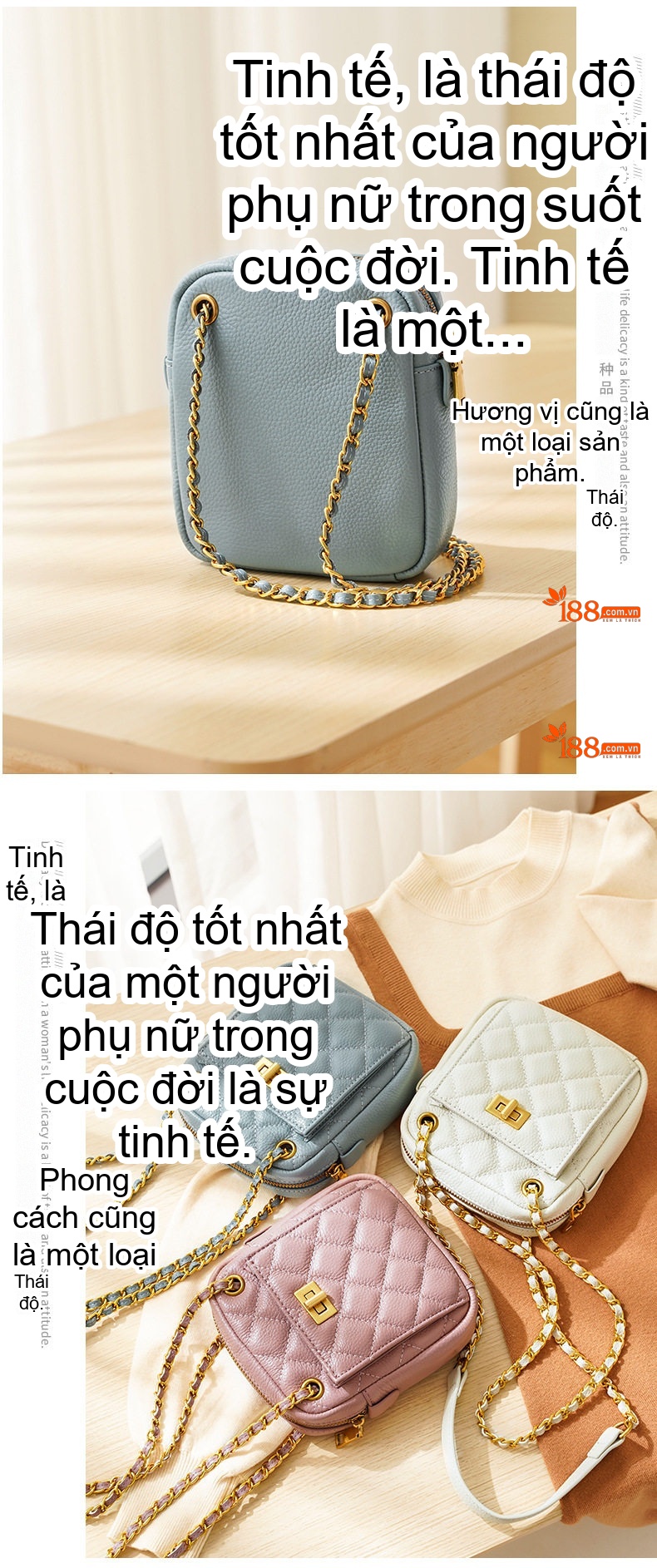 Túi Đeo Chéo Nữ Da Bò Mini Dáng Đứng Thời Trang Chuỗi Xích Màu Đen, Xám Xanh chi tiết 11