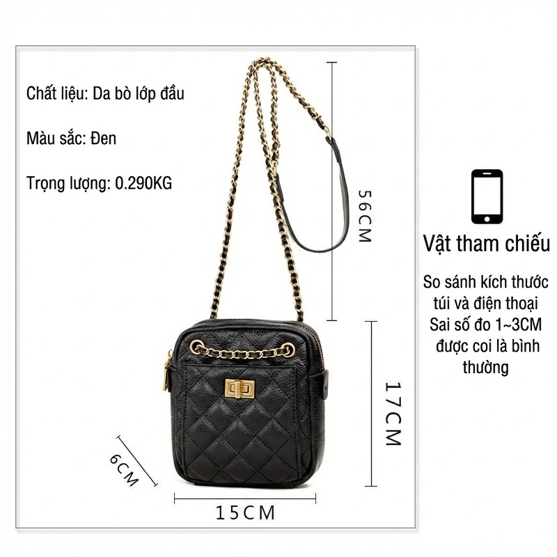 Túi Đeo Chéo Nữ Da Bò Mini Dáng Đứng Thời Trang Chuỗi Xích Màu Đen, Xám Xanh