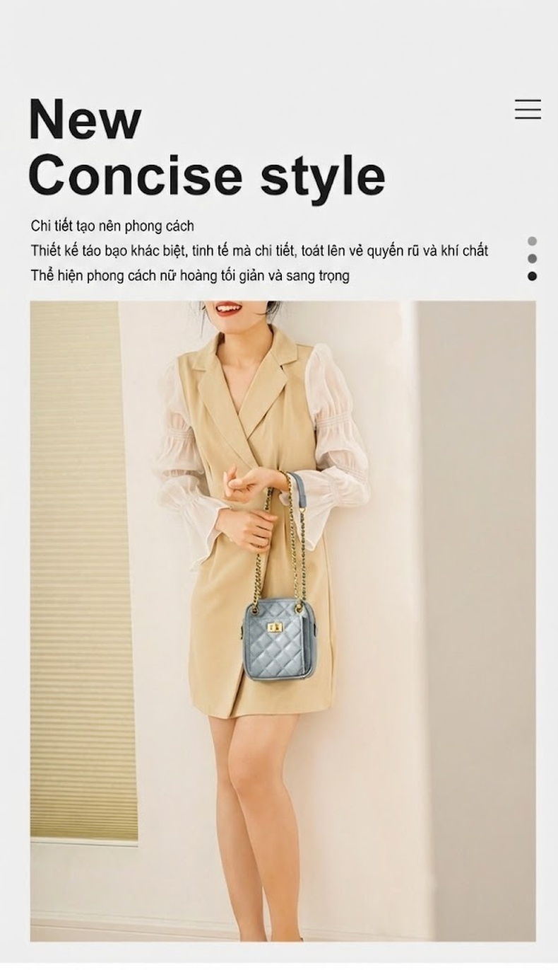 Túi Đeo Chéo Nữ Da Bò Mini Dáng Đứng Thời Trang Chuỗi Xích Màu Đen, Xám Xanh chi tiết 1