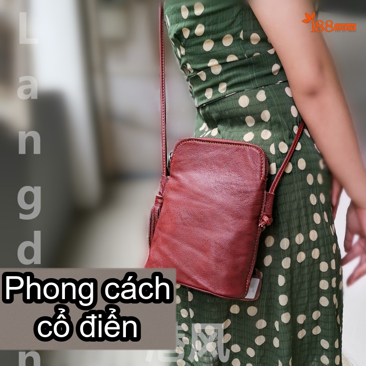 Túi Đeo Chéo Nữ Da Bò Mini Phom Vuông Tua Rua Phong Cách Retro Màu Đen, Đỏ Rượu chi tiết 7