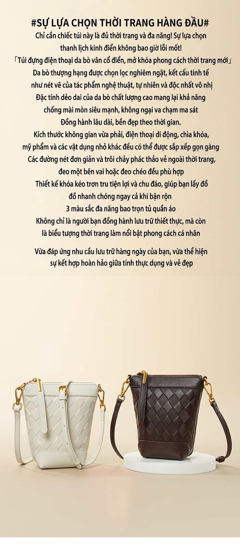 Túi Đeo Chéo Nữ Da Bò Mini Thiết Kế Đan Dây Cao Cấp Màu Trắng, Nâu chi tiết 9