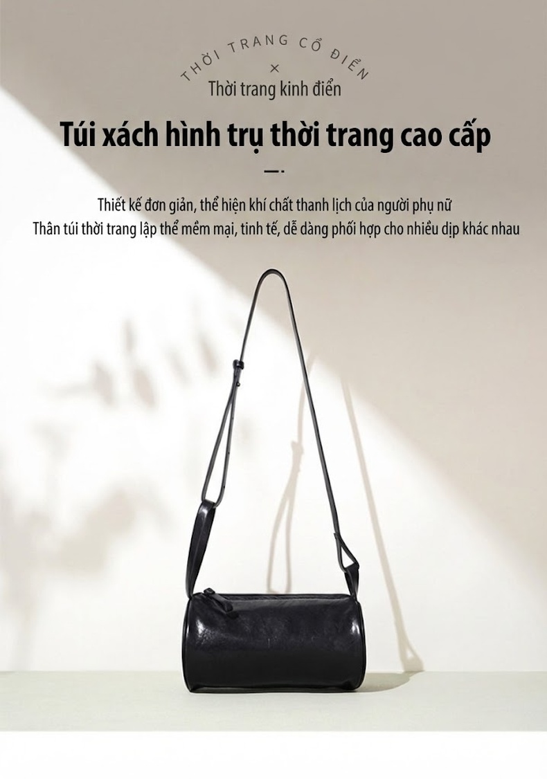 Túi Đeo Chéo Nữ Da Bò Mini Thiết Kế Trống Tròn Cao Cấp Màu Đen chi tiết 1